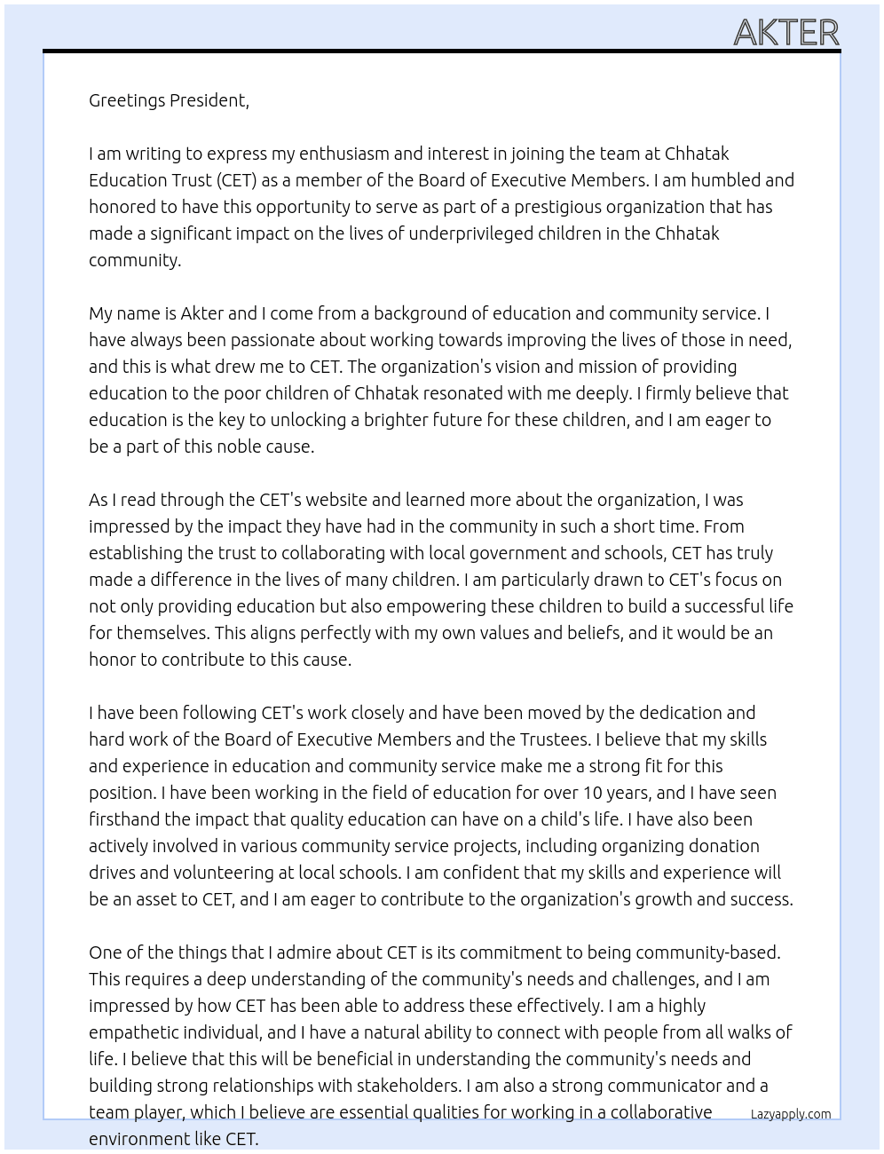 CET At President  Cover Letter