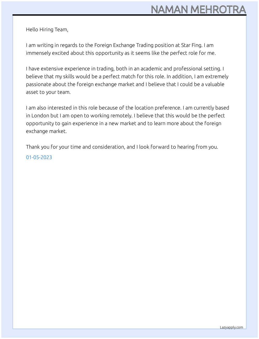 Cover letter for foreign exchange trading - LazyApply