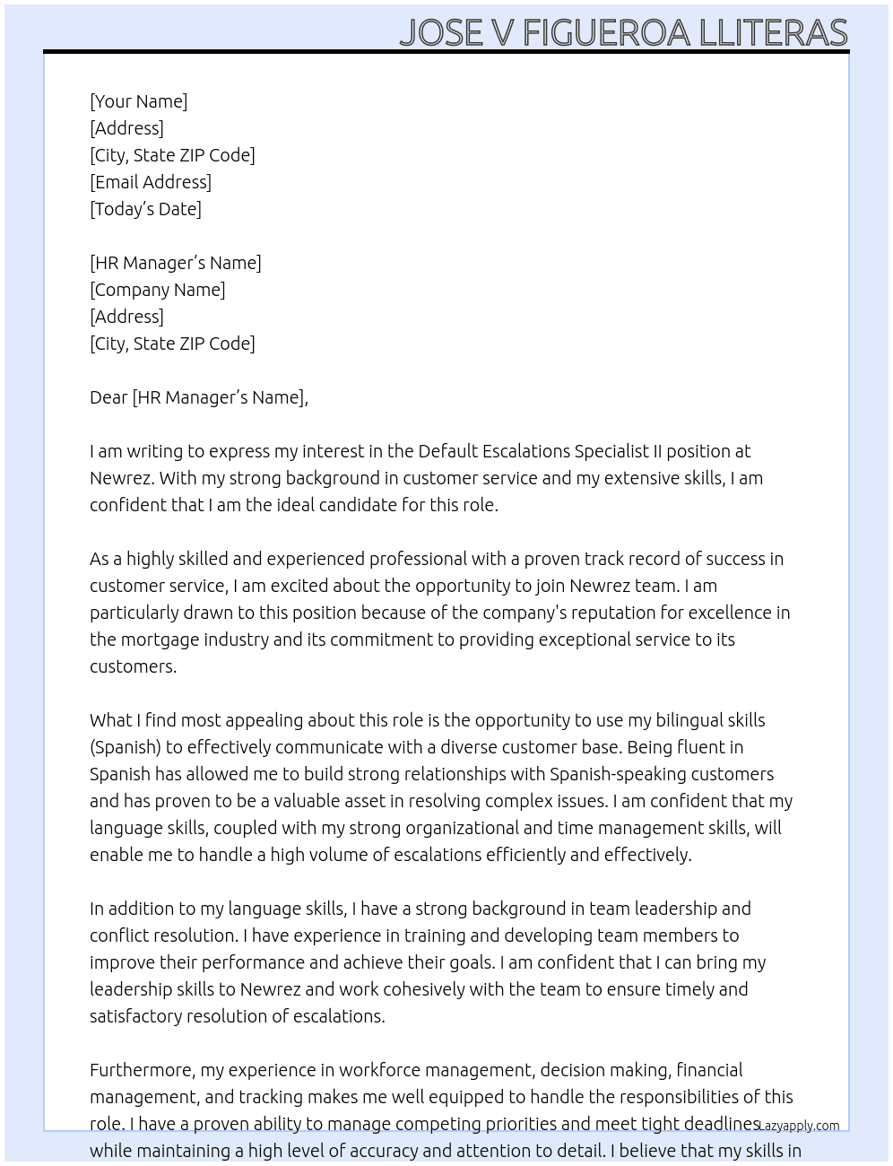 Default Escalations Specialist II At Newrez Cover Letter