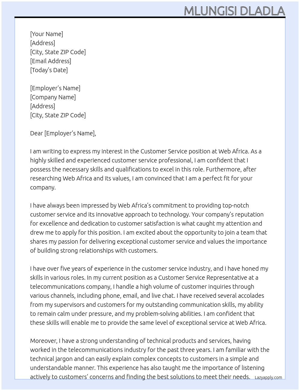 Customer service  At Web Africa  Cover Letter