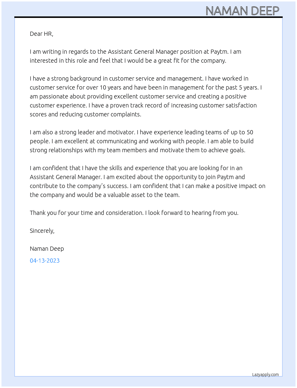 Assistant General Manager At Paytm Cover Letter