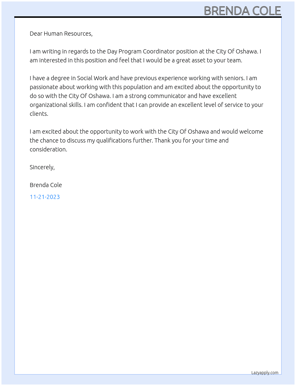 Day Program Coordinator  At OSCC55+ Cover Letter
