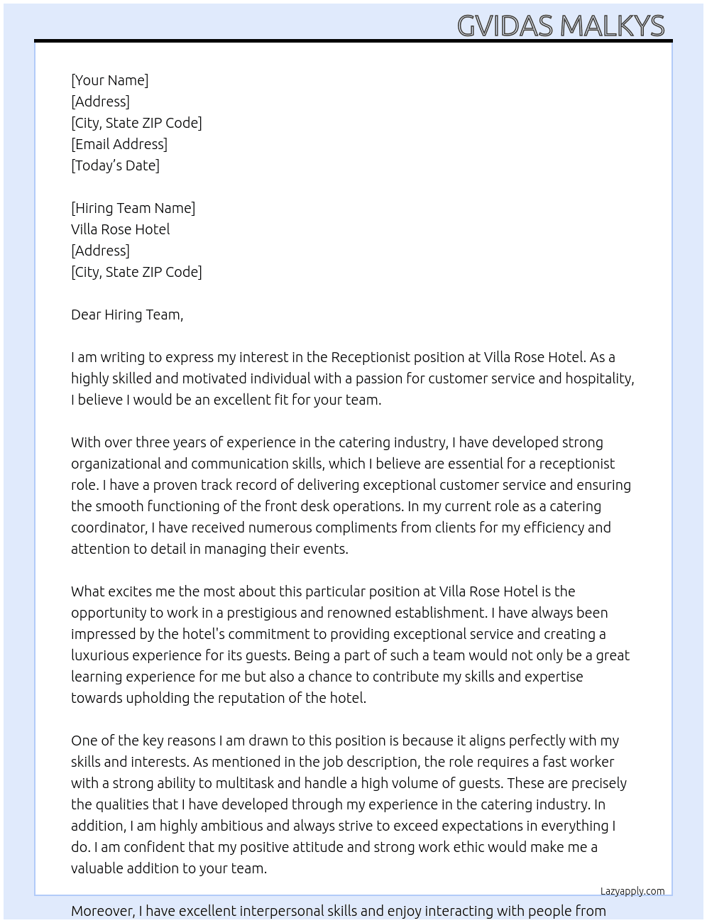 Receptionist At Villa Rose hotel  Cover Letter
