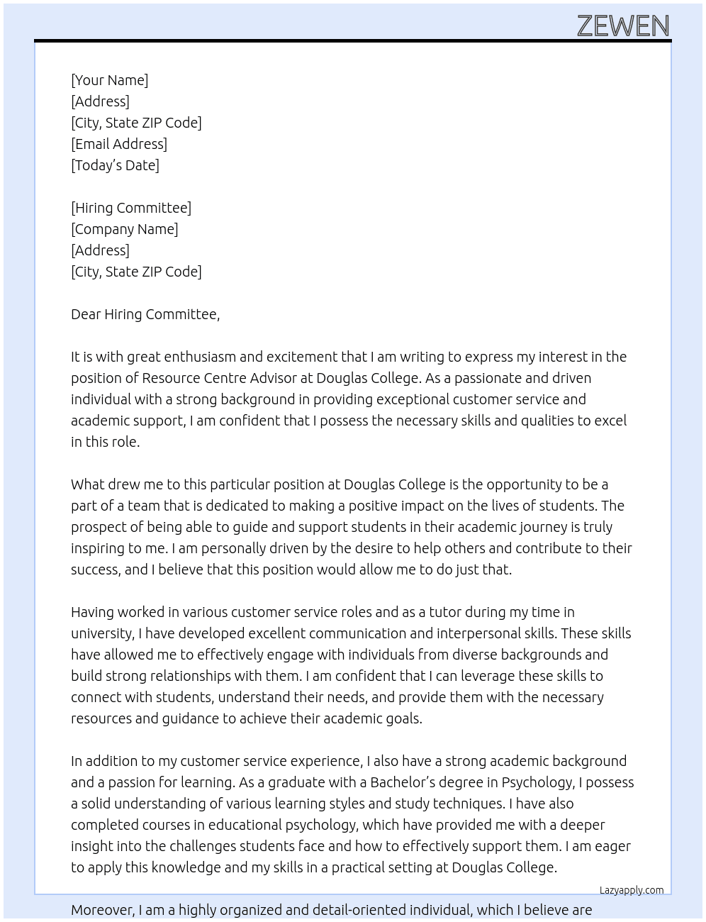 RESOURCE CENTRE ADVISOR At Douglas College Cover Letter