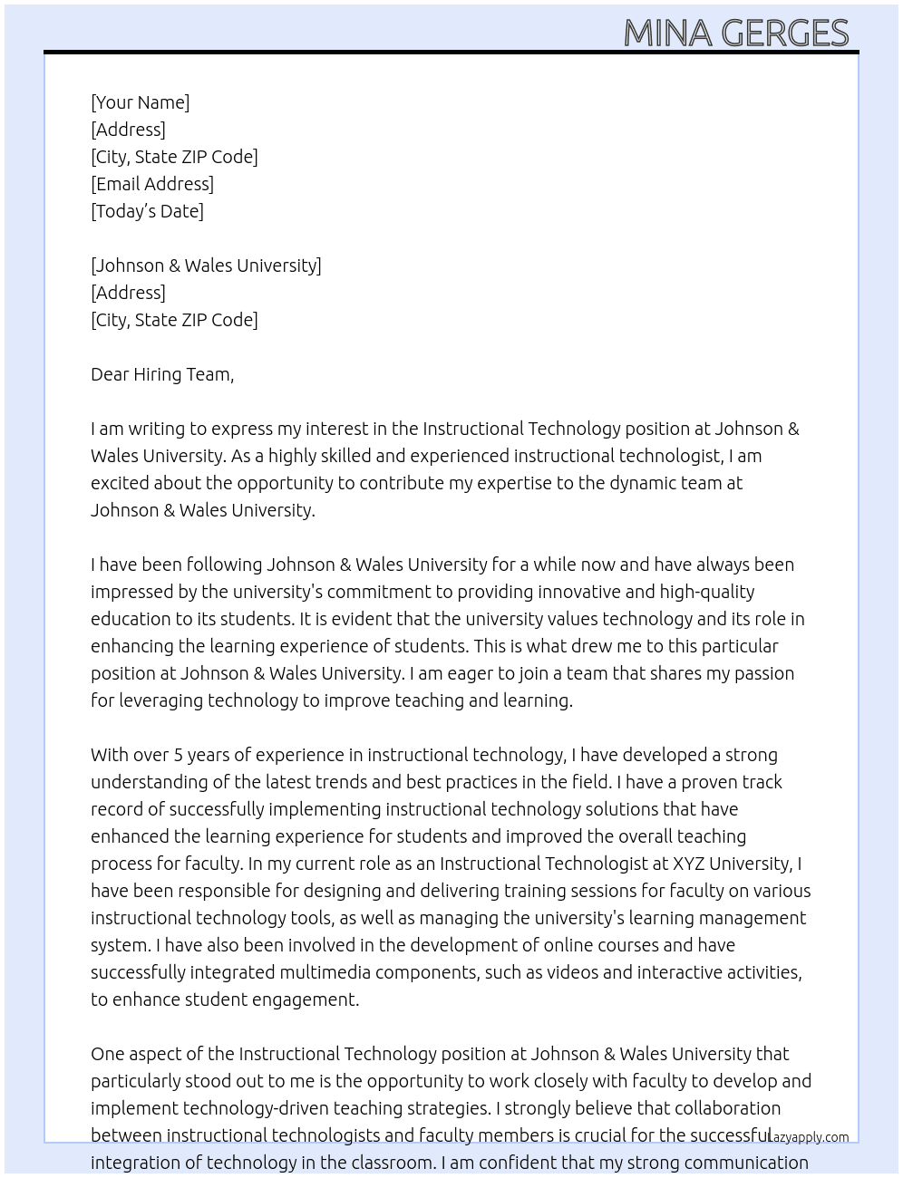 Instructional Technology  At Johnson & Wales University  Cover Letter