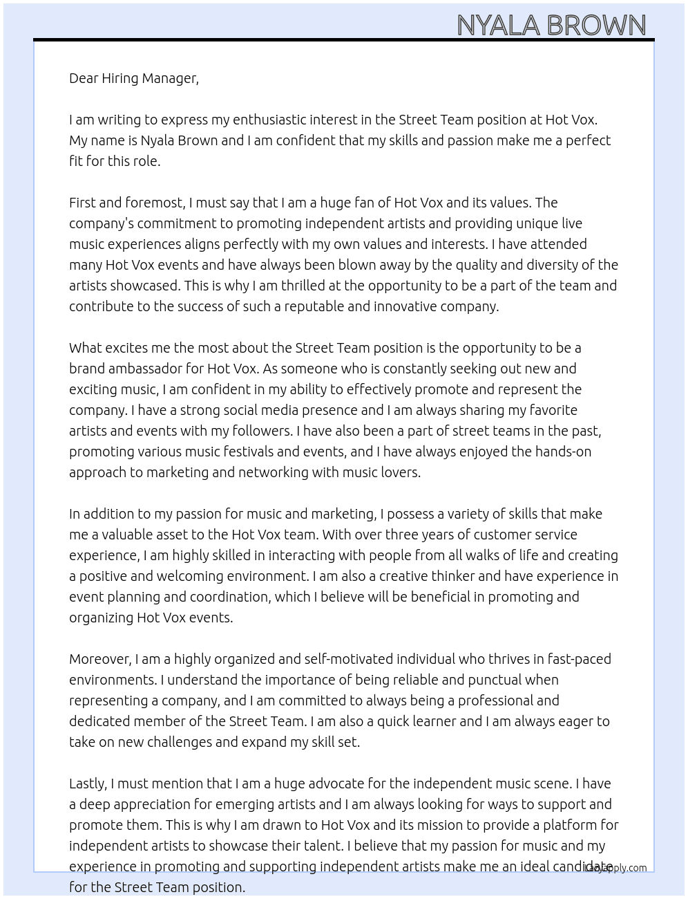 Street team At Hot vox  Cover Letter