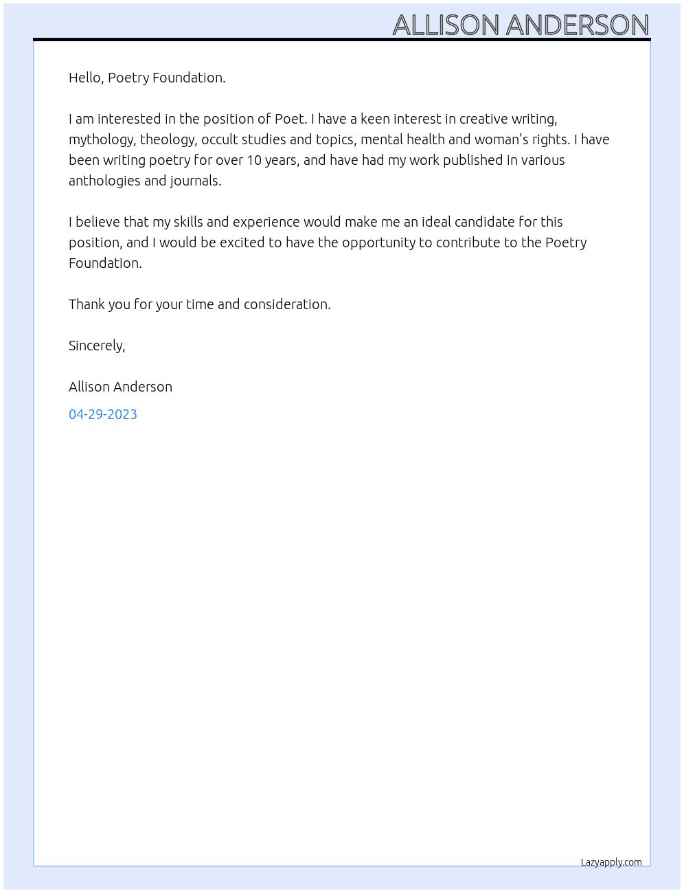 Poet At Poetry foundation  Cover Letter