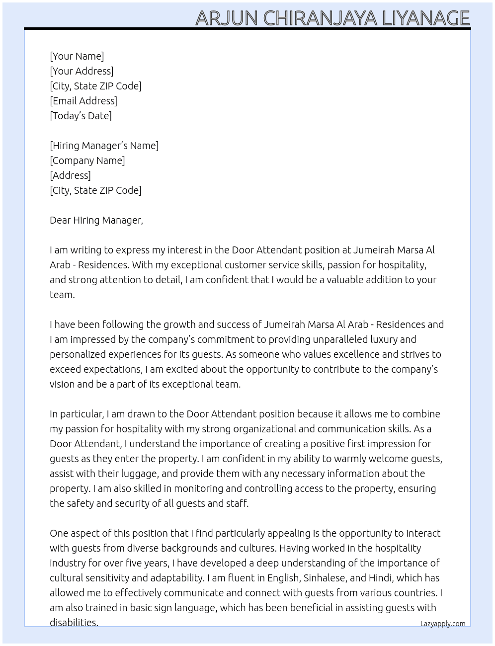 Door Attendant  At Jumeirah Marsa Al Arab - Residences Cover Letter