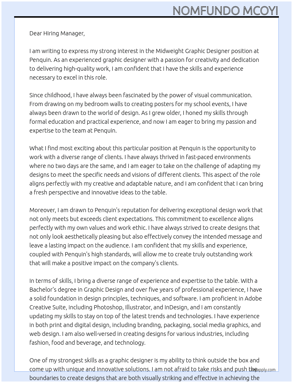Midweight Graphic Designer At Penquin Cover Letter