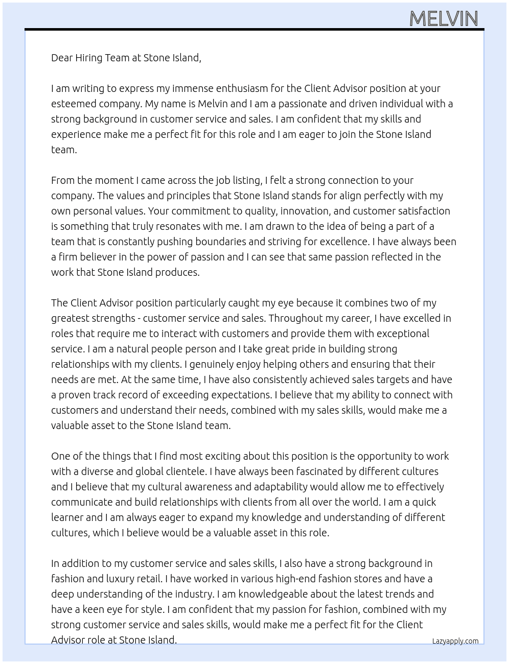 Client Advisor At Stone Island Cover Letter