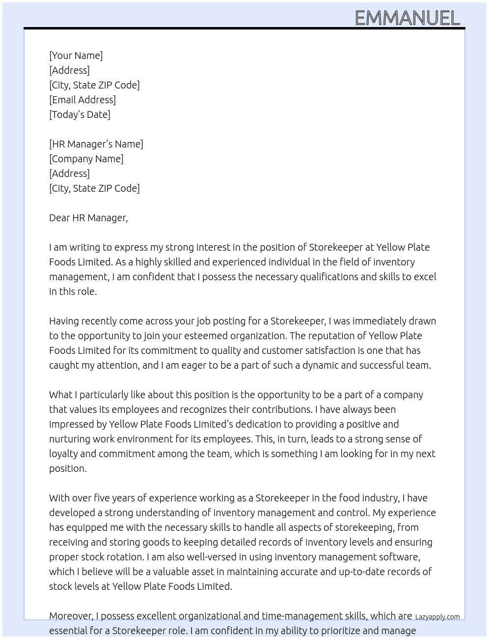 Title: Storekeeper  At Yellow plate foods limited  Cover Letter