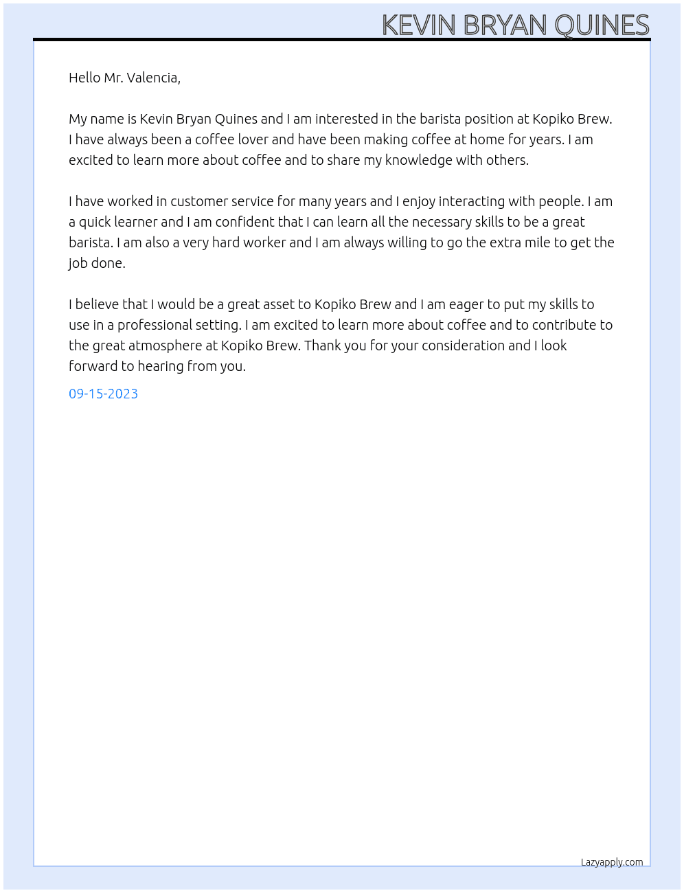 Barista At Kopiko Brew Cover Letter