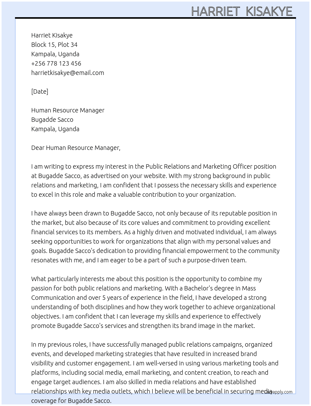 Pulic relations and marketing officer At Bugadde sacco  Cover Letter