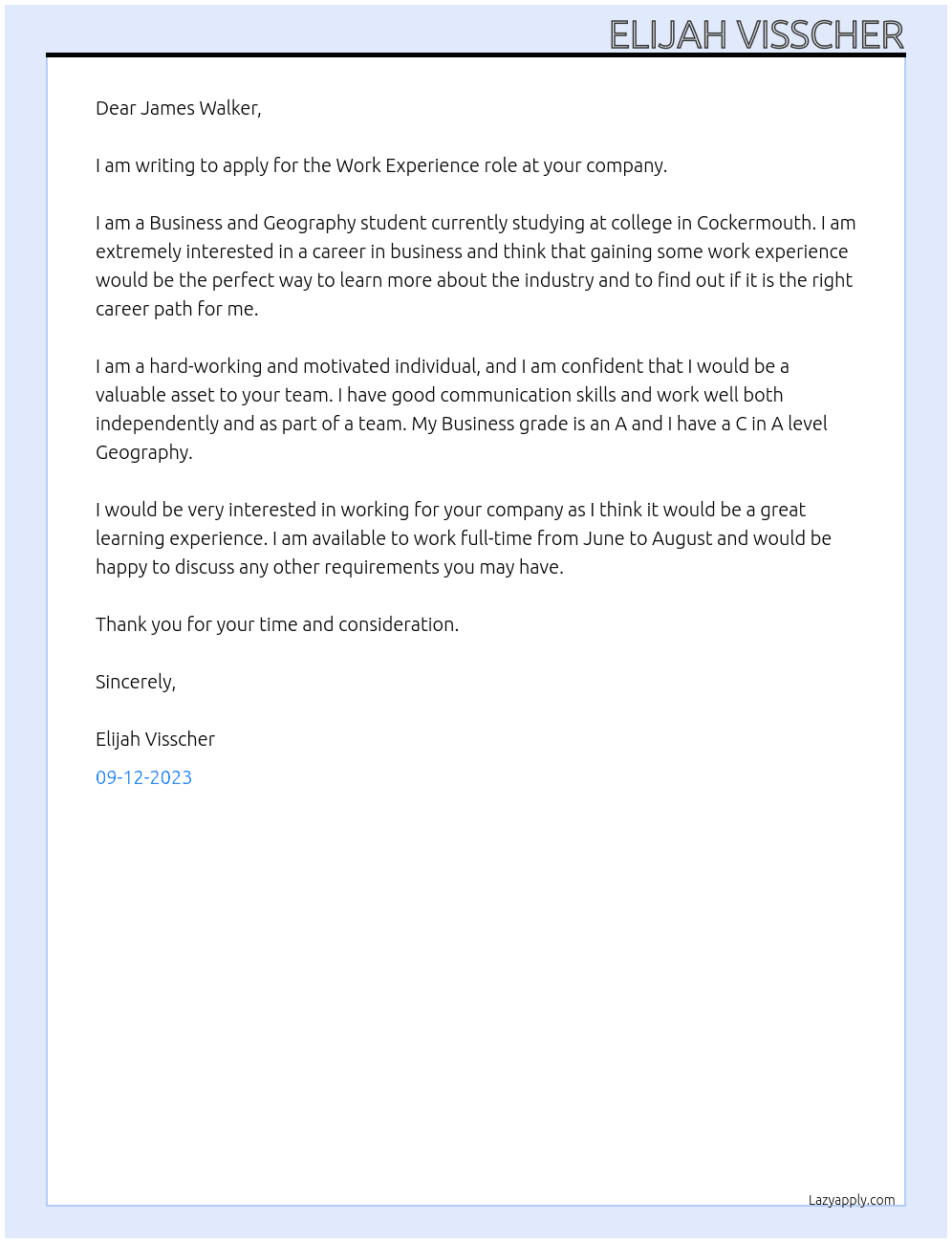 Work Experience  At James Walker Cover Letter