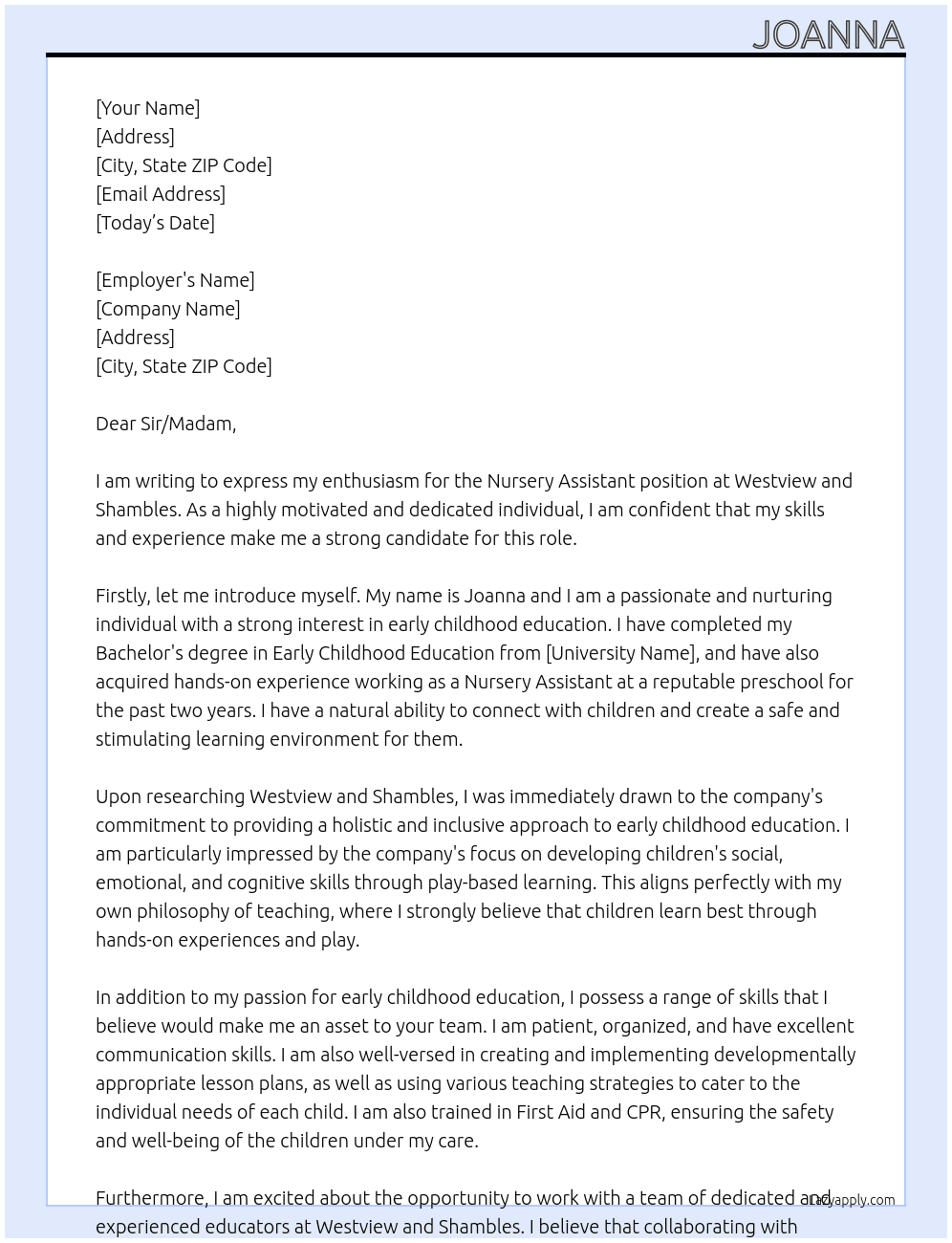 Nursery Assistant At Westview and Shambles Cover Letter