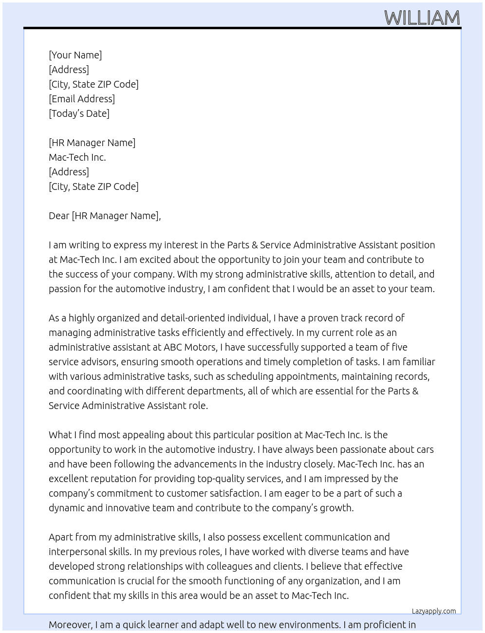 Parts & Service Administrative Assistant At Mac-Tech Inc. Cover Letter