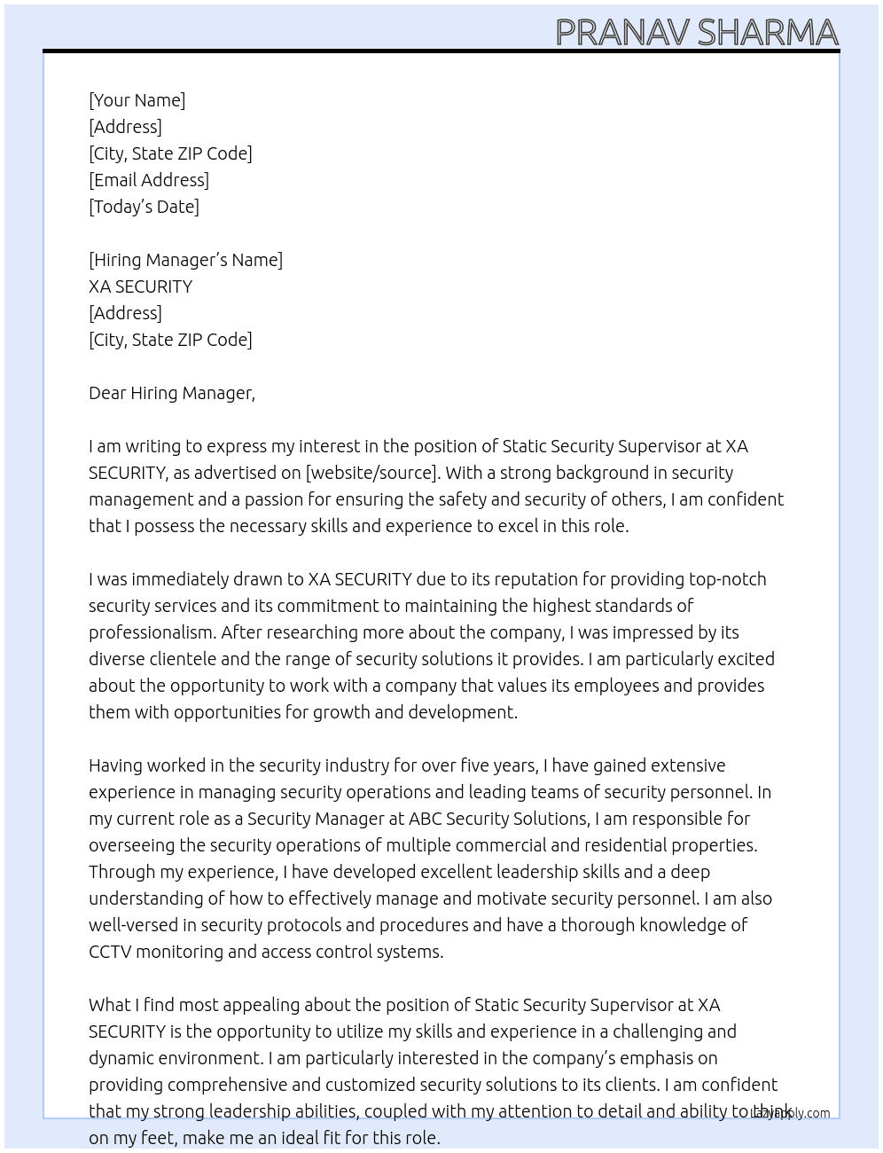 Static Security Supervisor  At XA SECURITY  Cover Letter