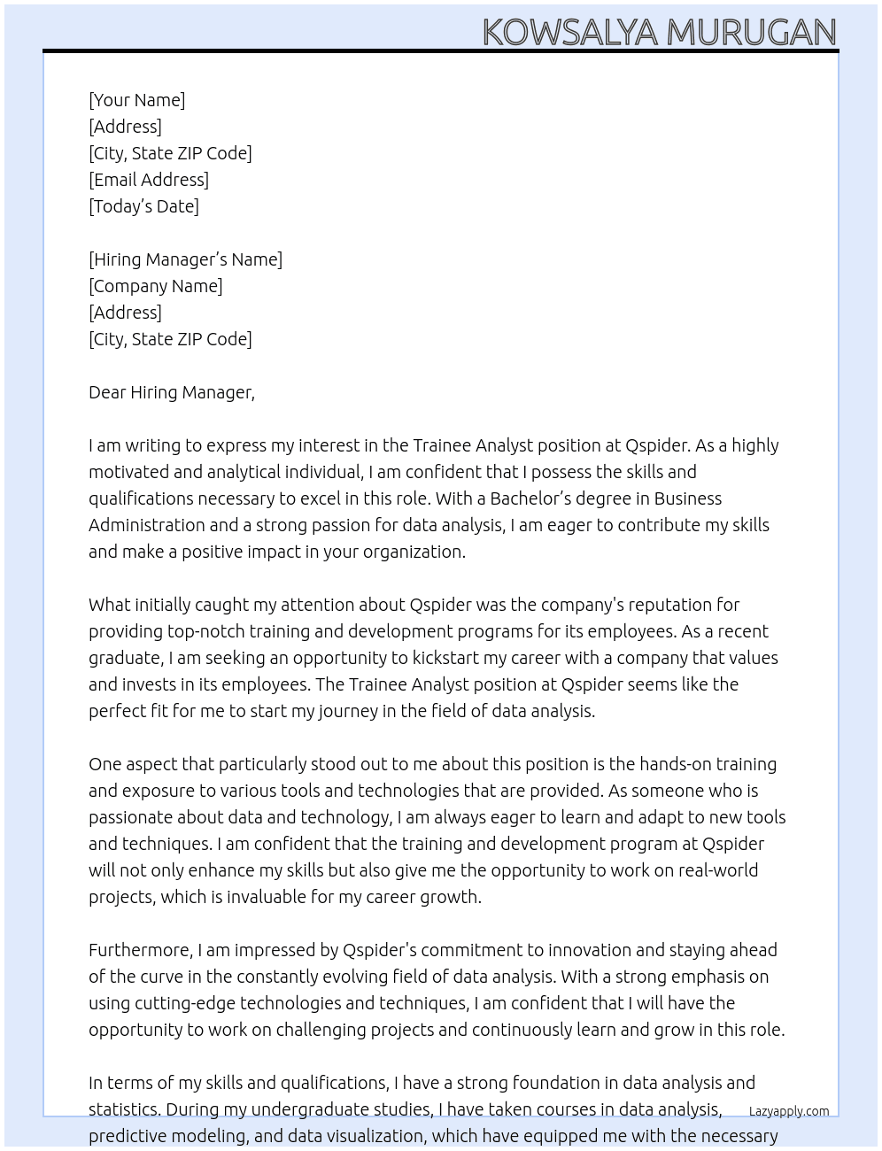 Trainee Analyst At Qspider Cover Letter