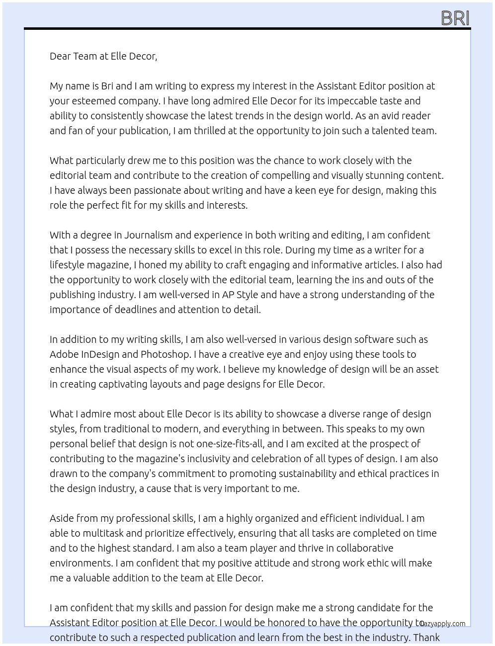 Assistant Editor At Elle Decor Cover Letter