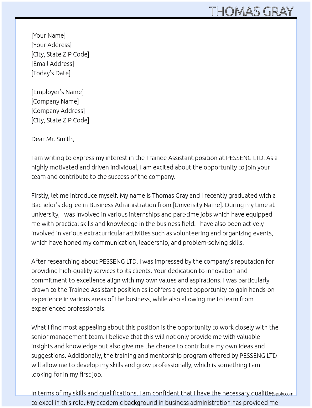 Trainee Assistant  At PESSENG LTD  Cover Letter