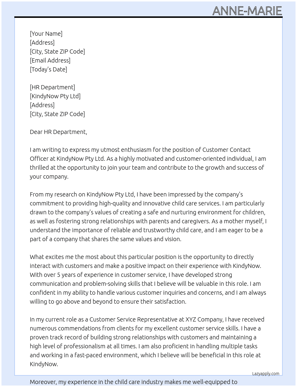 Customer Contact Officer At KindyNow Pty Ltd Cover Letter