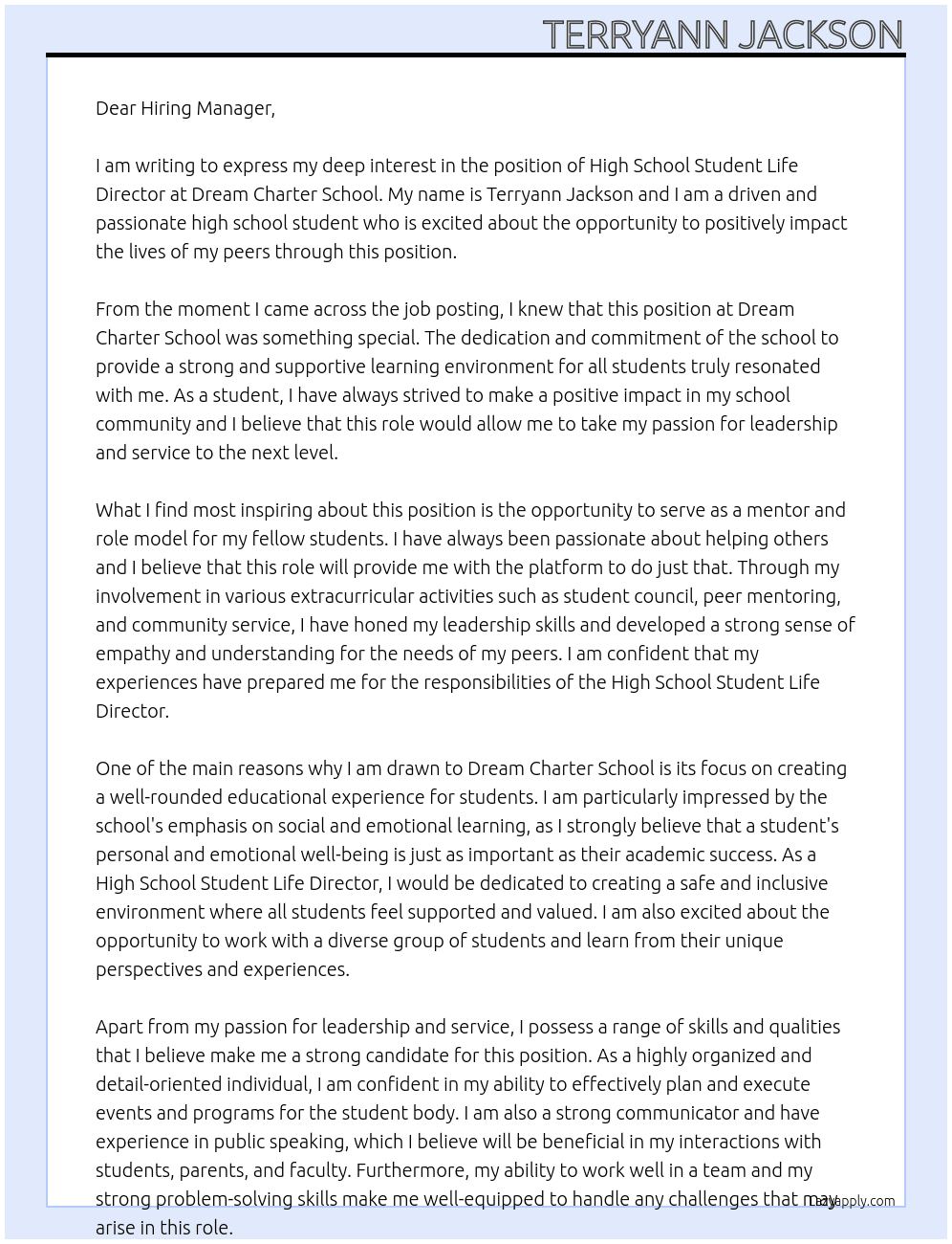 High School Student Life Director At Dream Charter School  Cover Letter