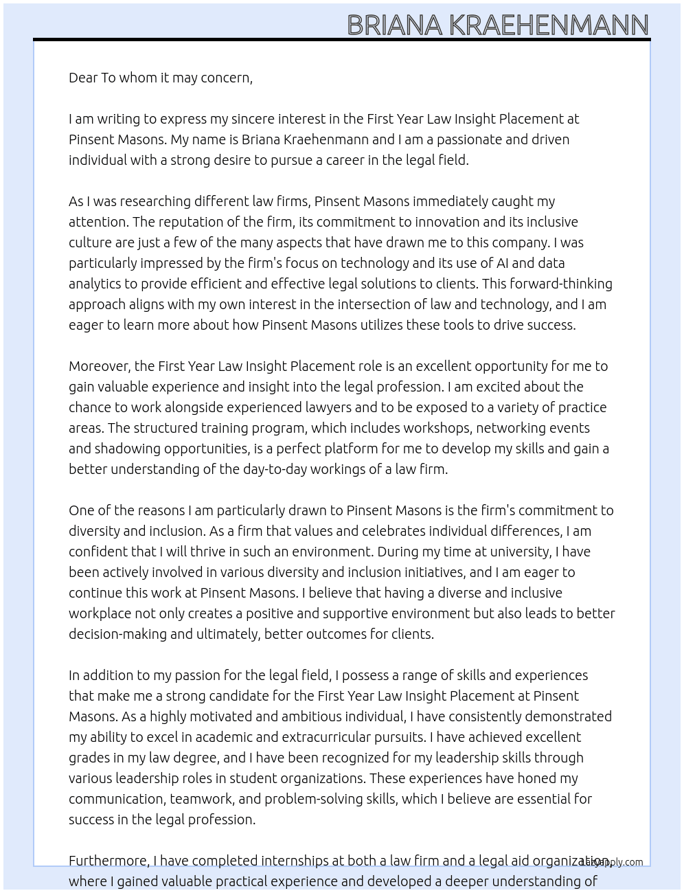 First Year Law Insight Placement At  Pinsent Masons Cover Letter