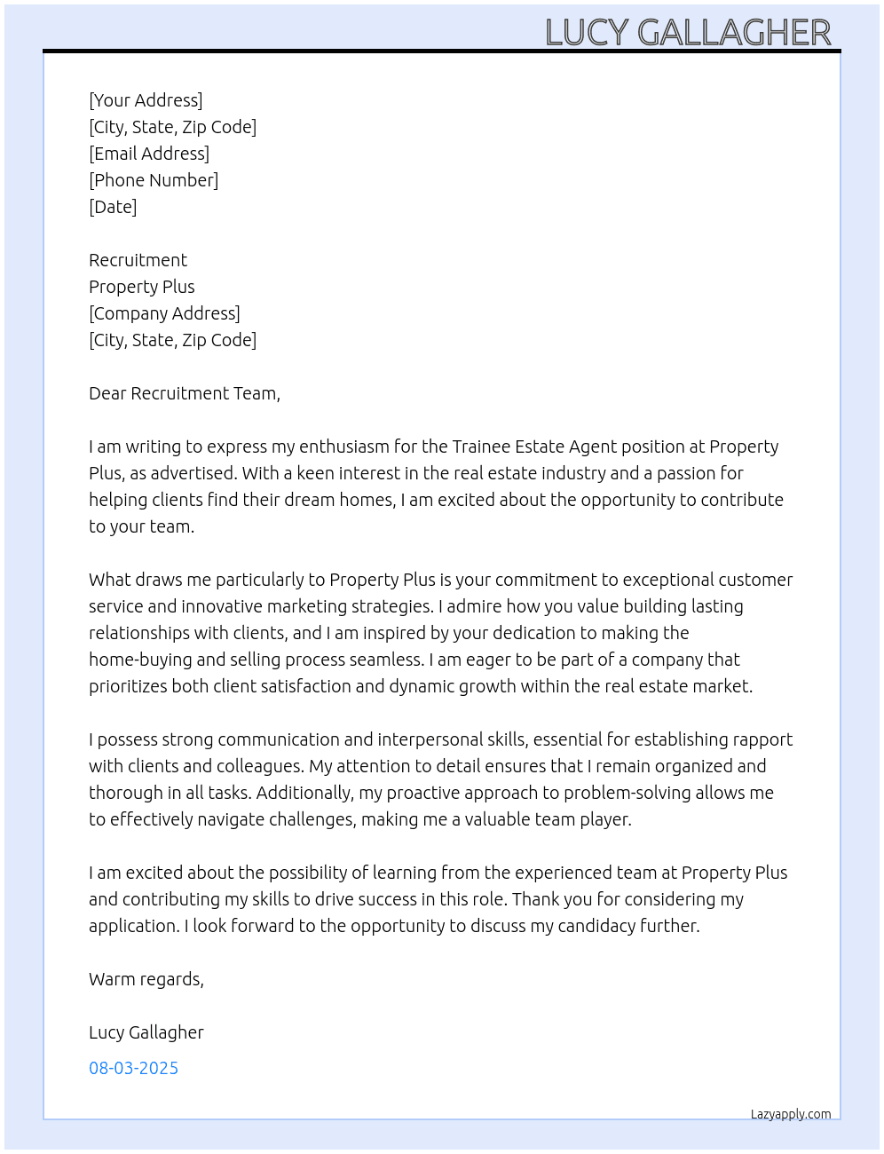 Trainee Estate Agent  At Property Plus Cover Letter