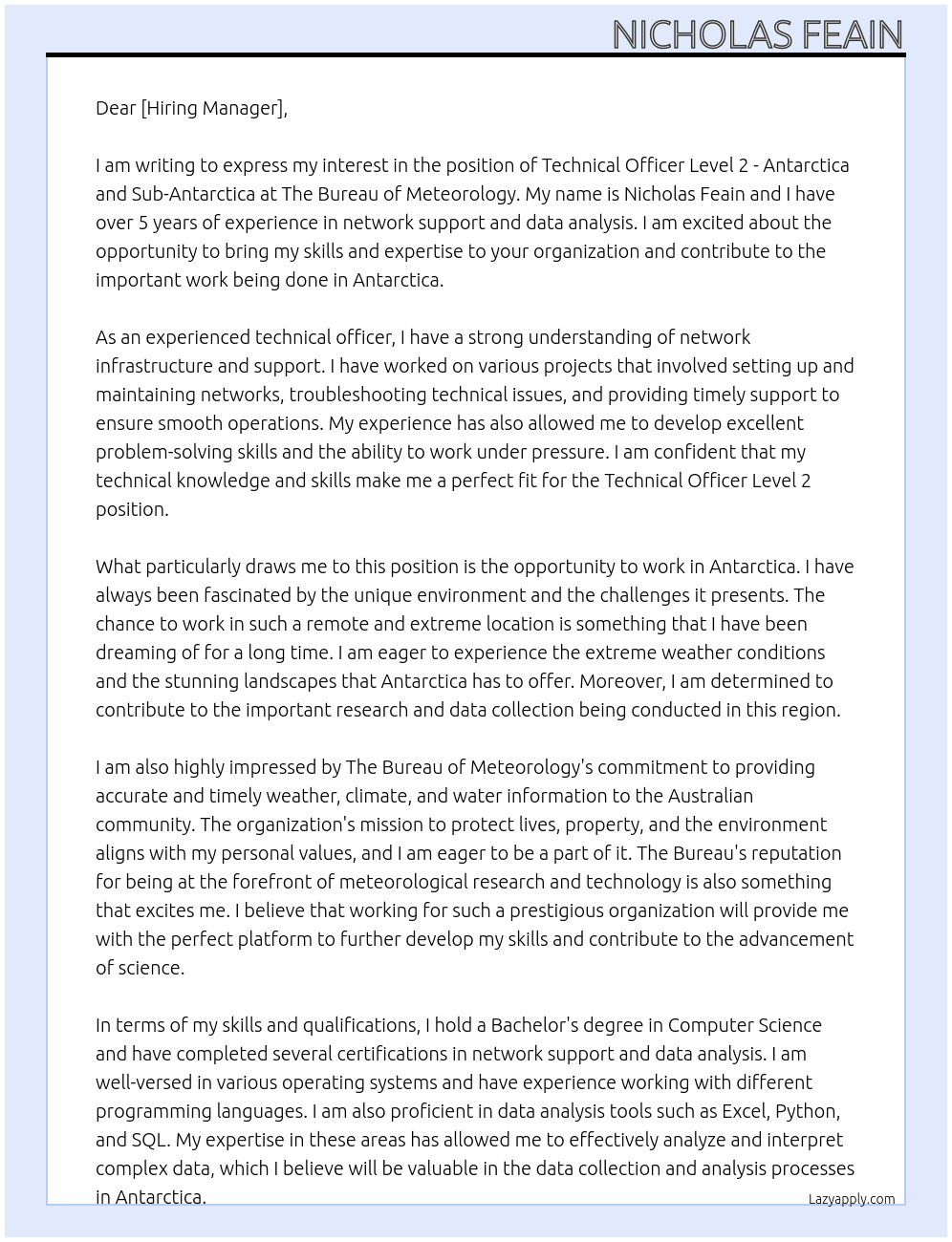 Technical Officer Level 2 - Antarctica and Sub-Antarctica At The Bureau of Meteorology  Cover Letter
