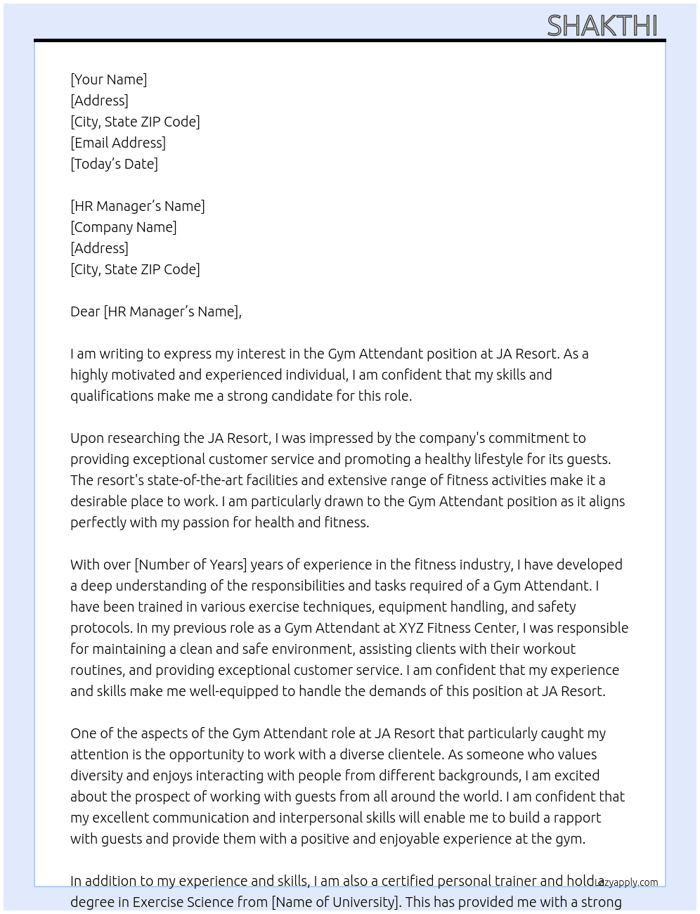 Gym attendant  At JA resort Cover Letter