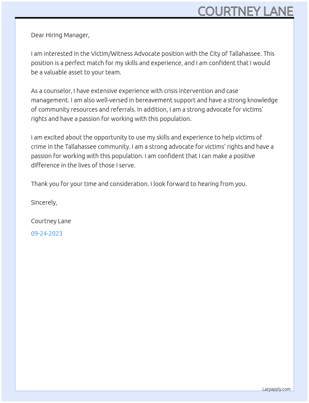 Victim/Witness Advocate At City of Tallahassee Cover Letter