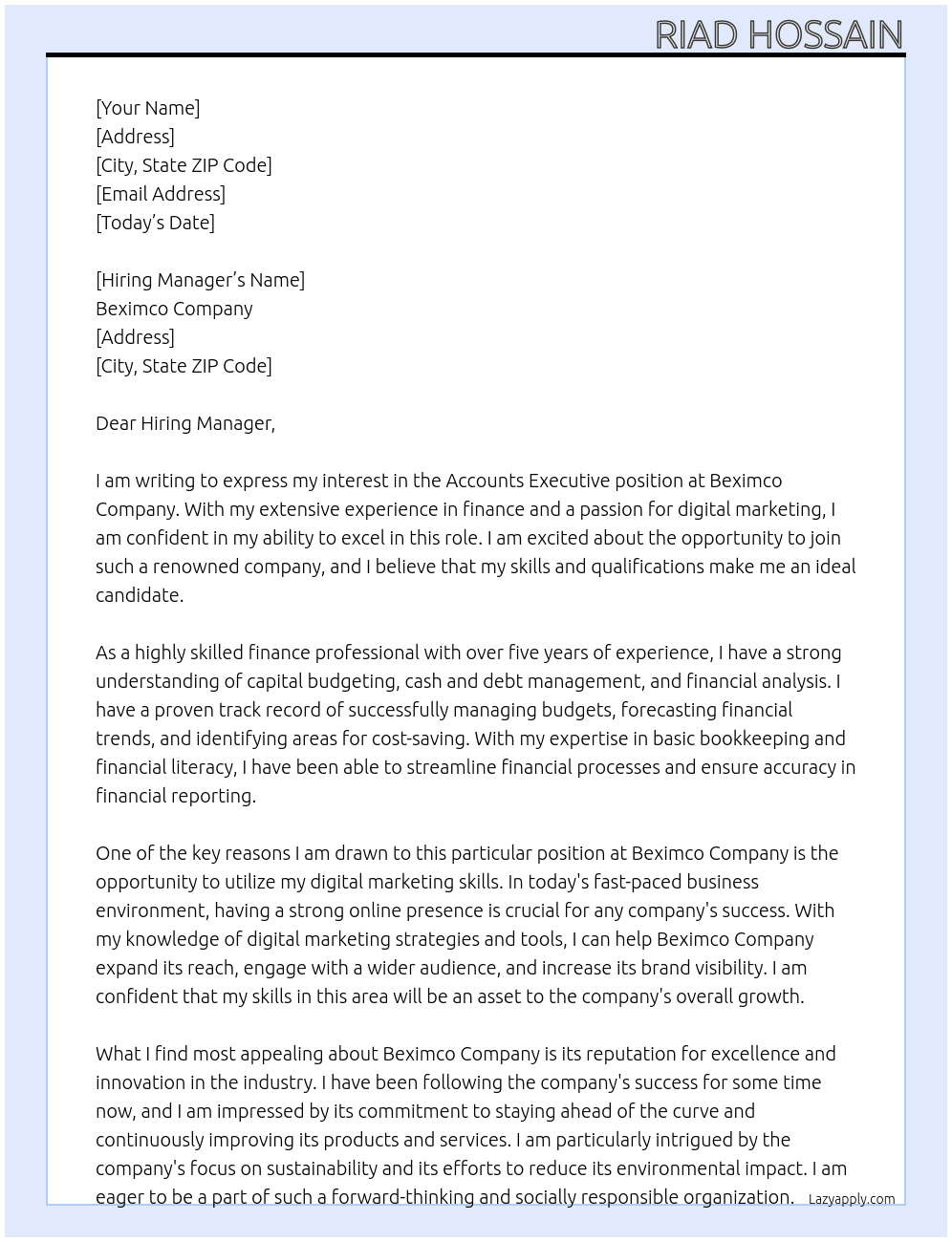 Accounts executive At Beximco company Cover Letter