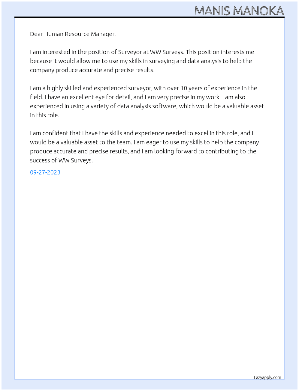 Surveyor At WW Surveys Cover Letter