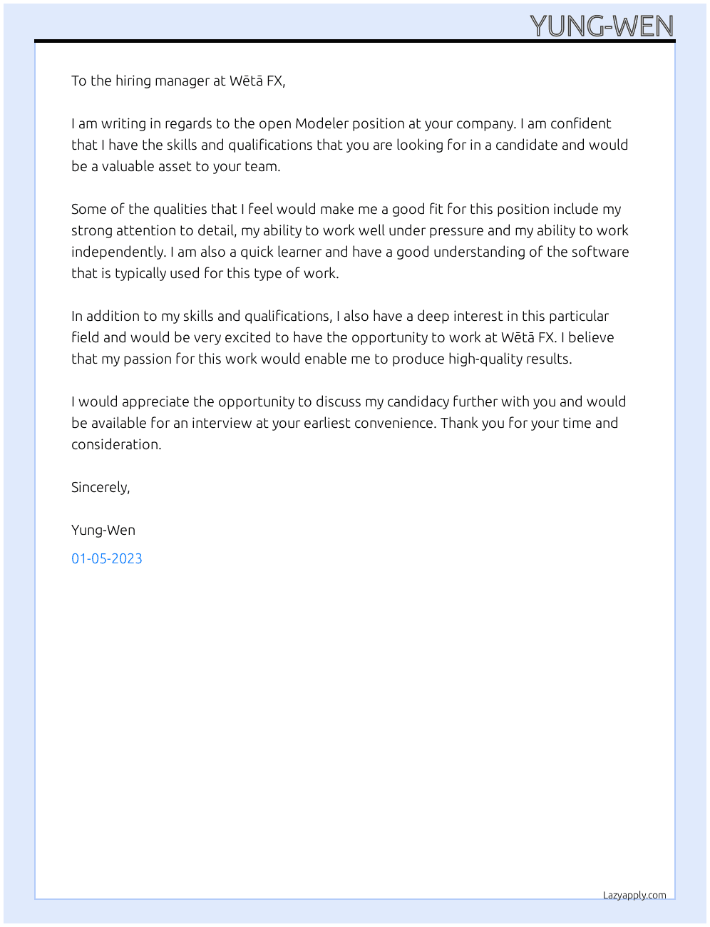 Modeler At Wētā FX Cover Letter