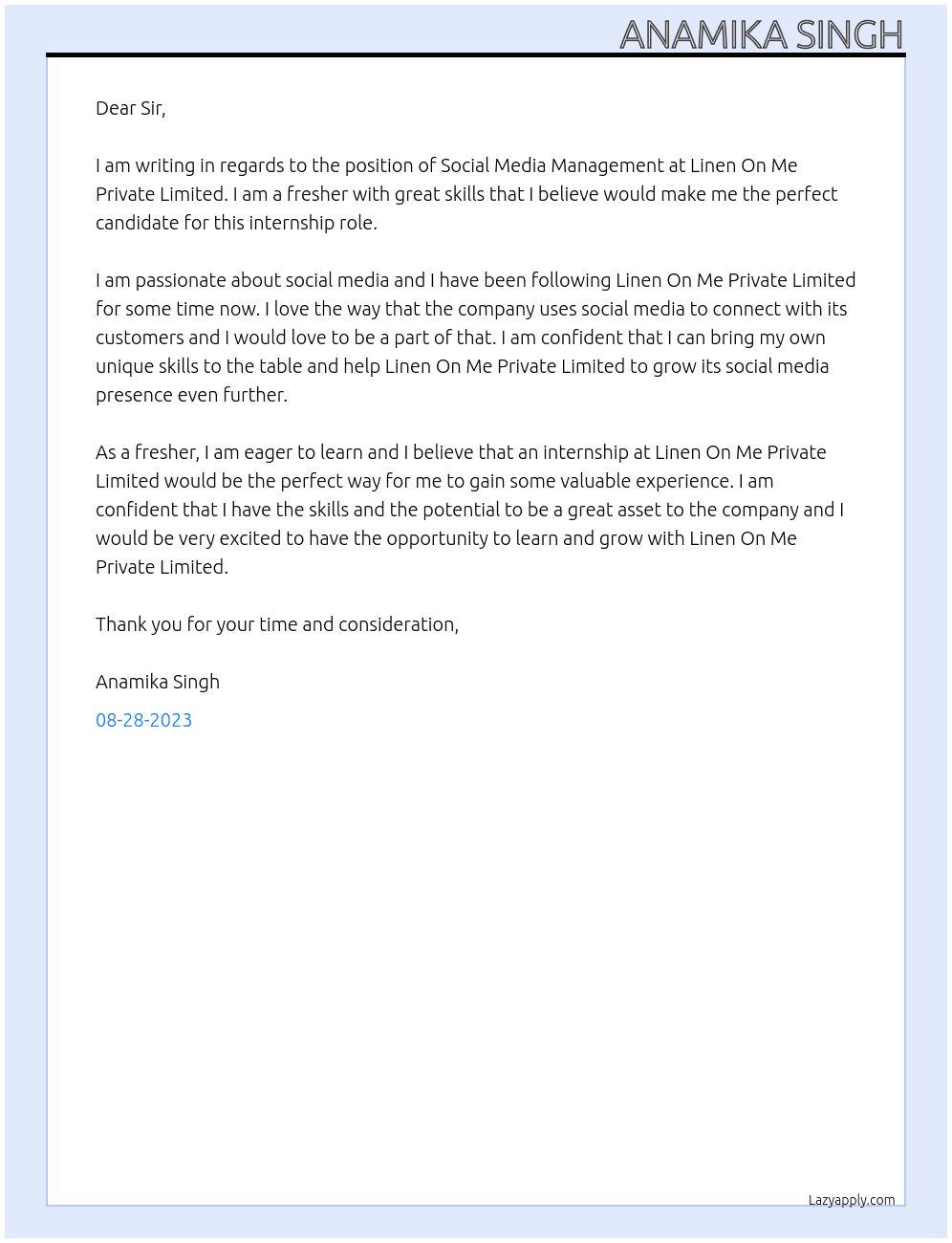 Social Media Management  At Linen On Me Private Limited Cover Letter