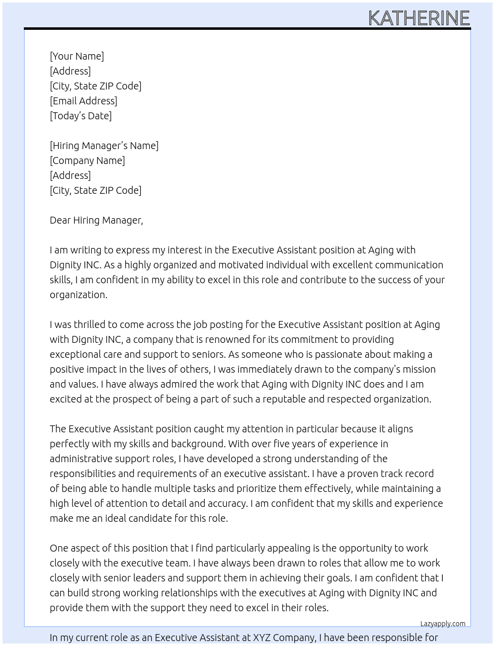Executive assistant At Aging with dignity INC Cover Letter
