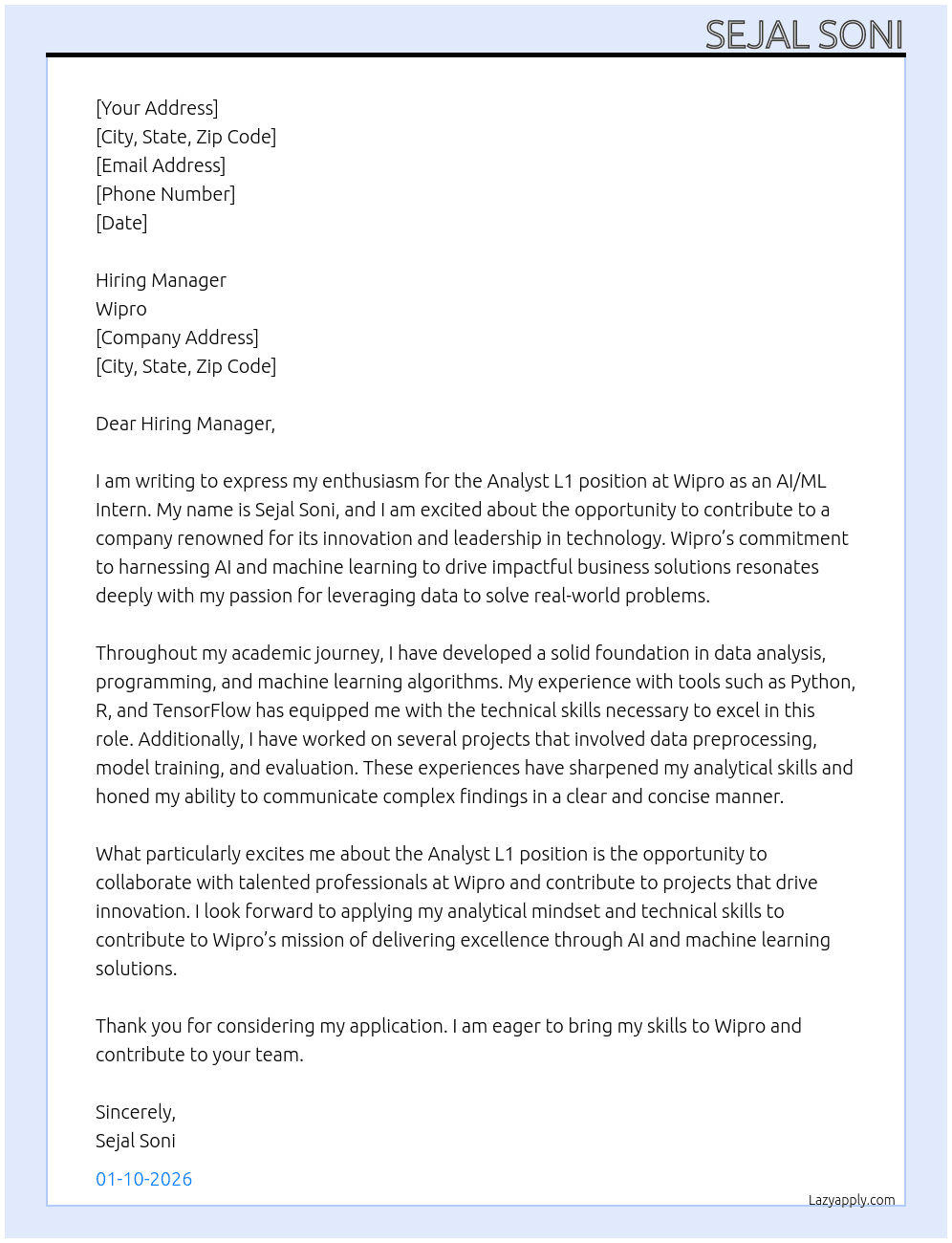 Cover letter for analyst l1 - LazyApply