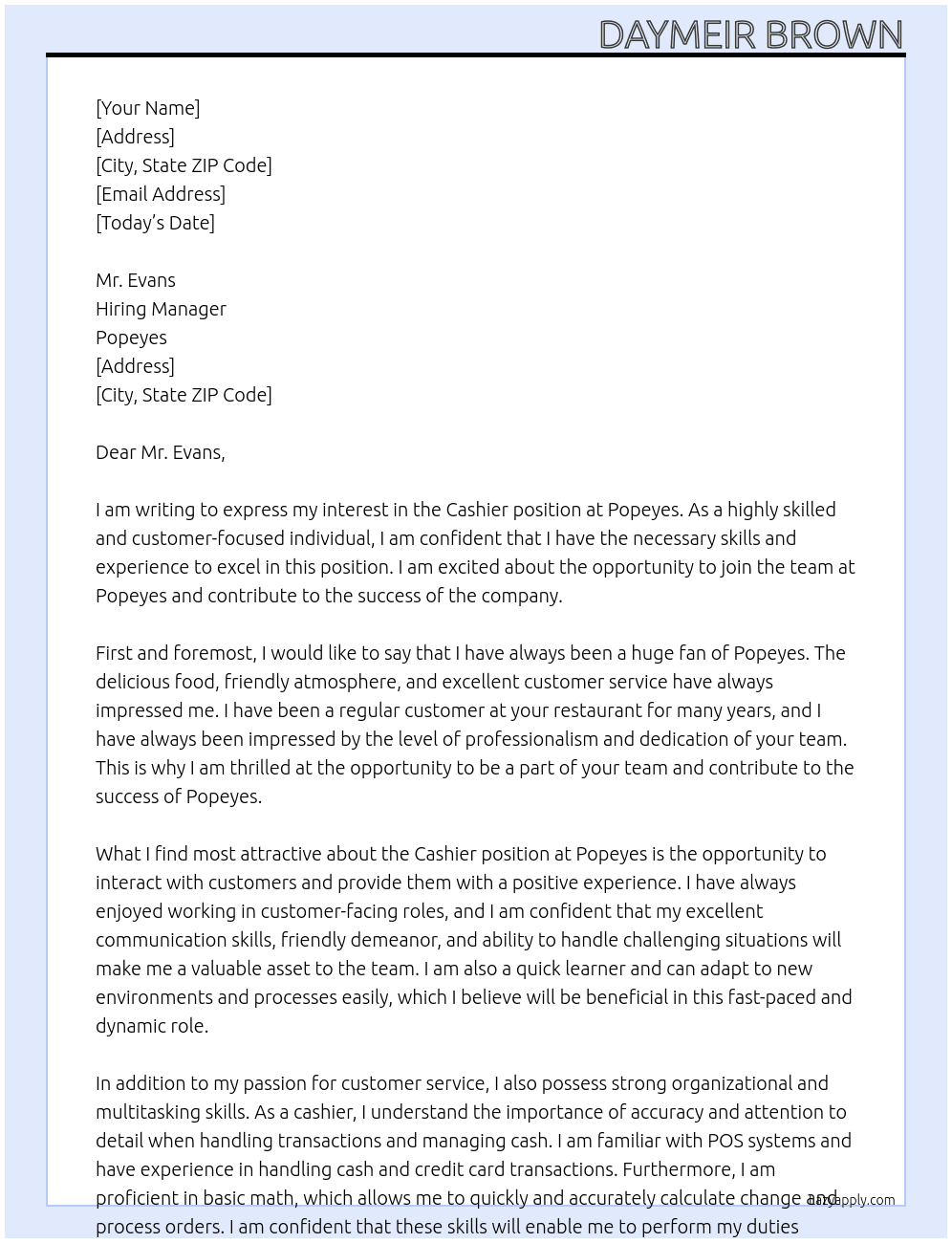 Cashier  At Popeyes Cover Letter