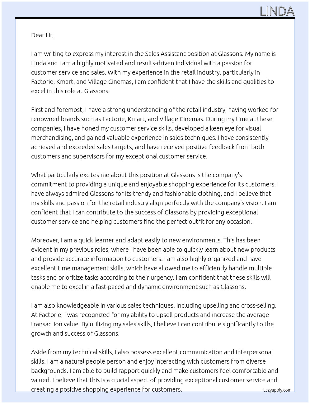 Sales assistant At Glassons Cover Letter