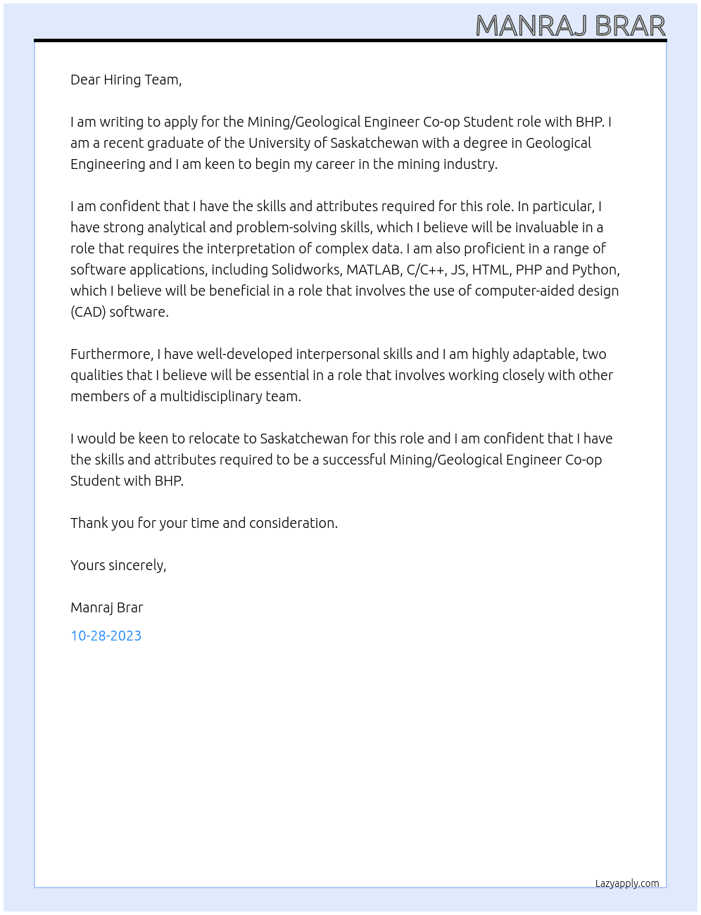 Mining/Geological Engineer Co-op Student At BHP Cover Letter