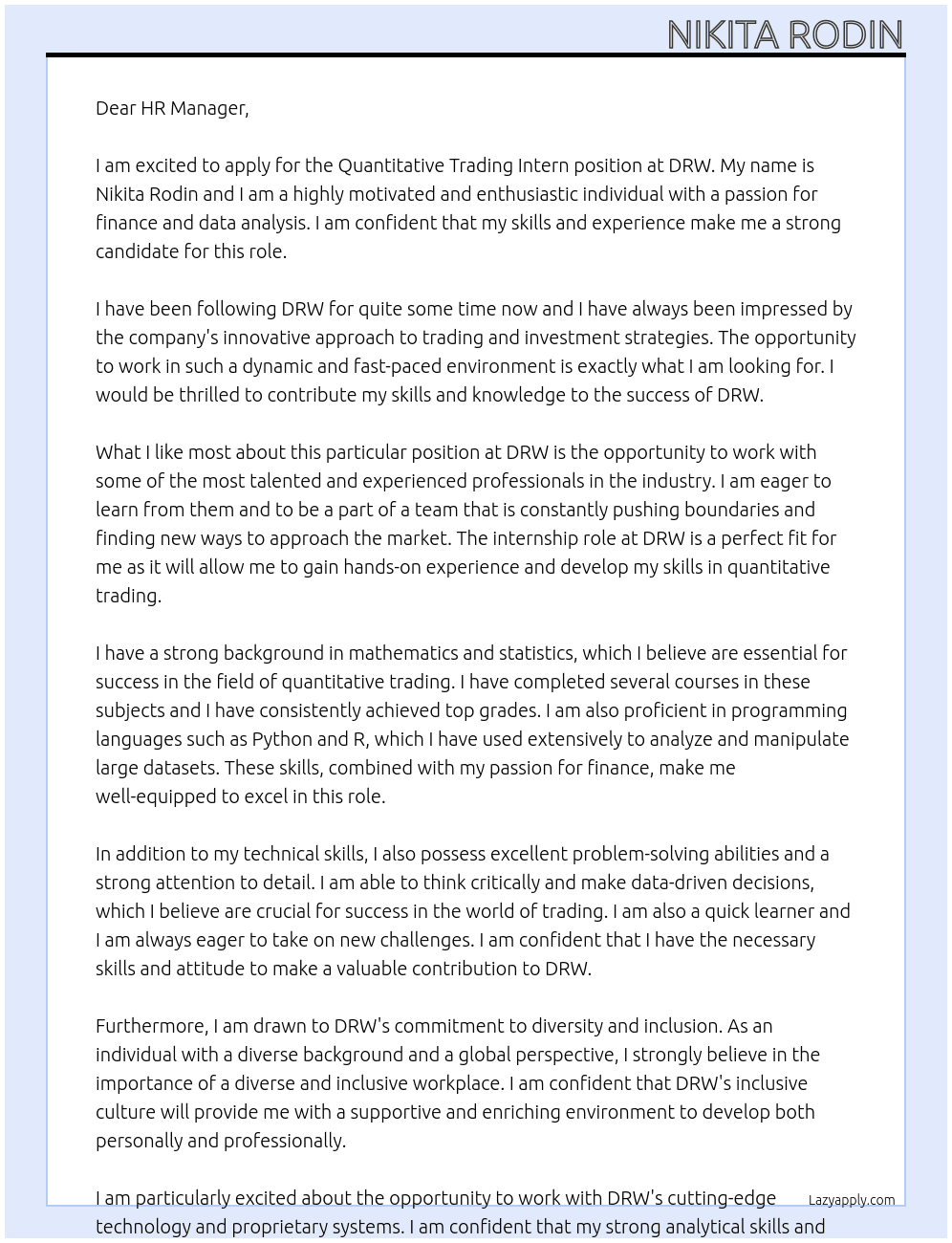 Quantative Trading Intern At DRW Cover Letter