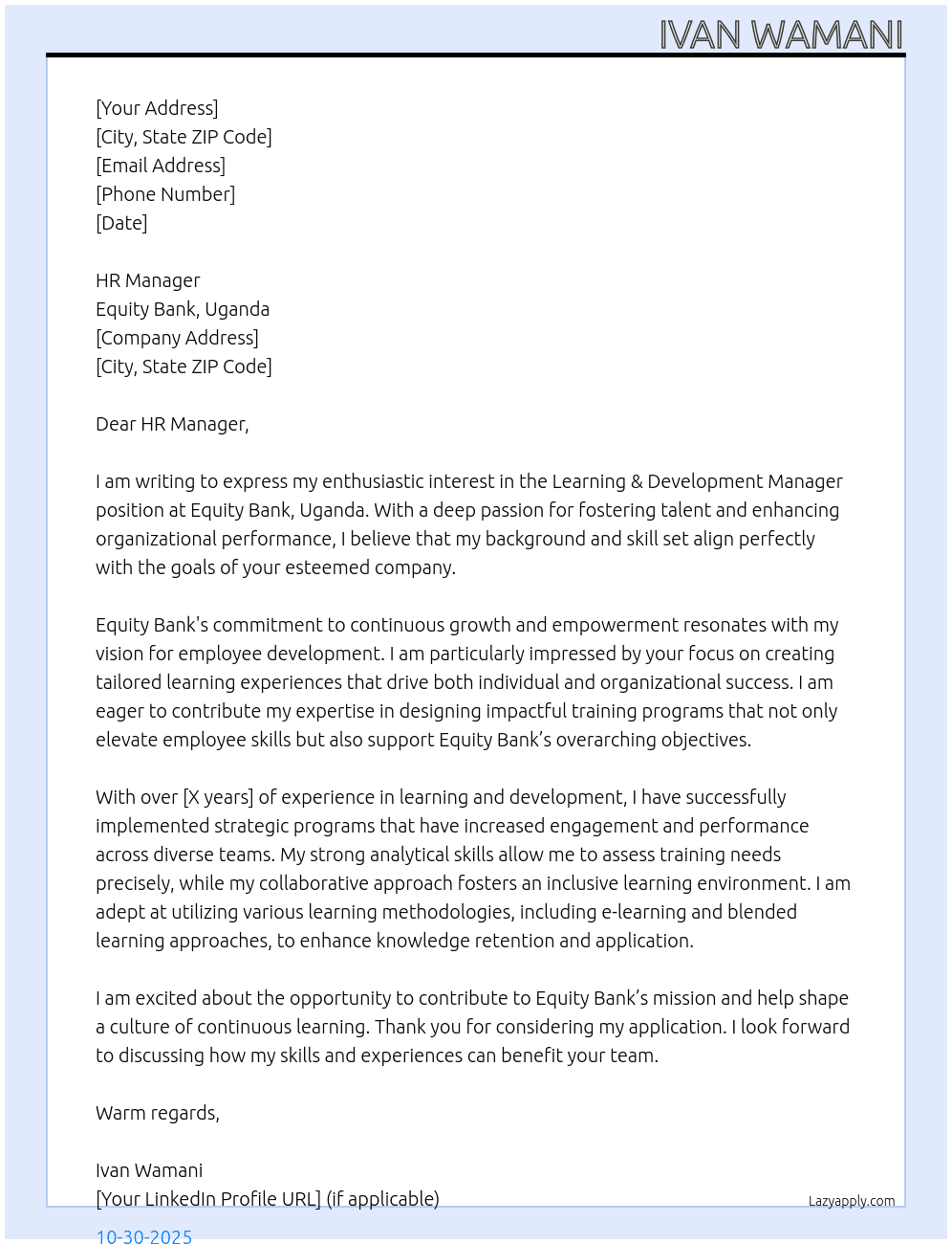 LEARNING & DEVELOPMENT MANAGER At Equity Bank, Uganda Cover Letter