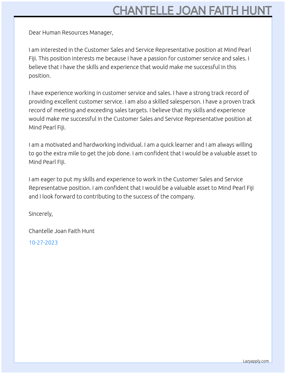 Customer sales and  service representative  At Mind pearl Fiji Cover Letter