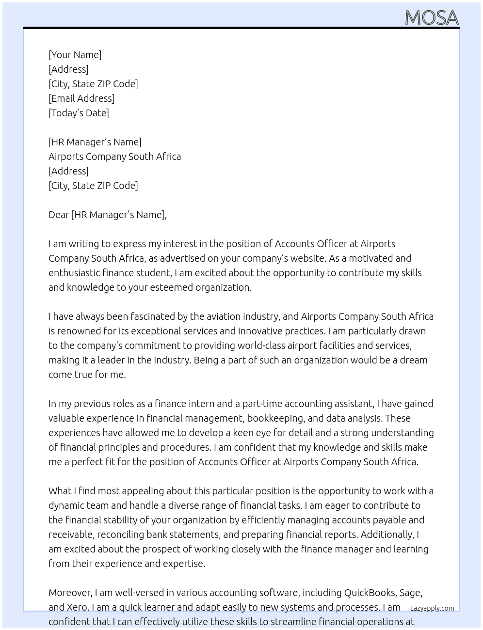 accounts officer  At Airports Company South Africa Cover Letter