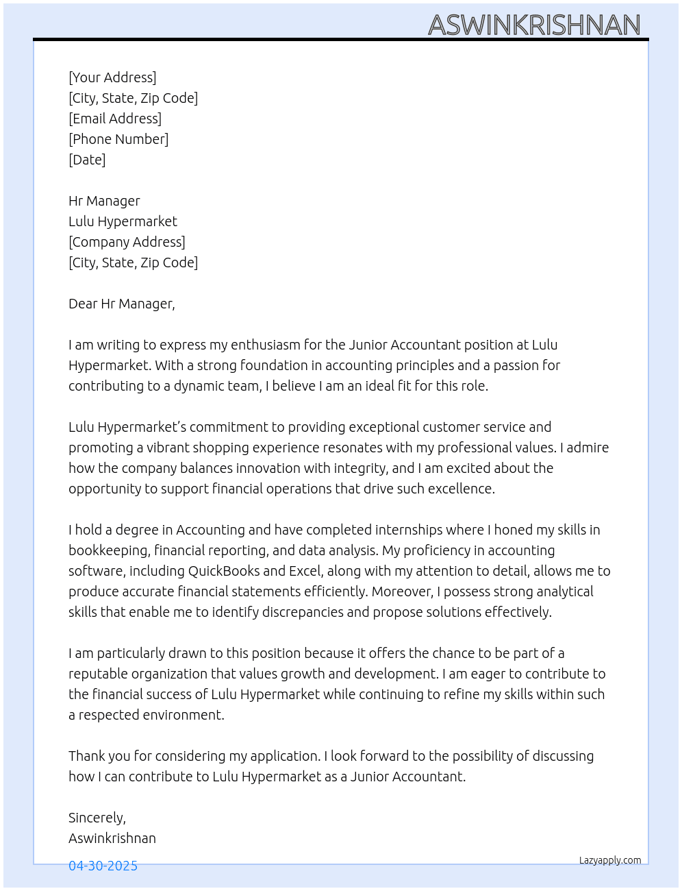 Junior accountant  At Lulu hypermarket  Cover Letter