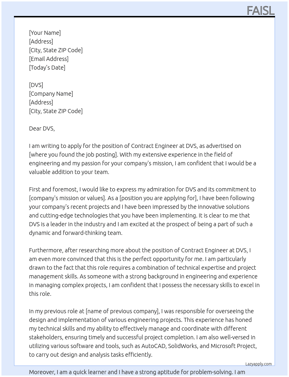 Contract Engineer At DVS Cover Letter