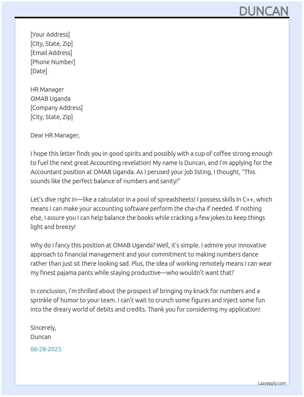 Accountant  At OMAB Uganda  Cover Letter