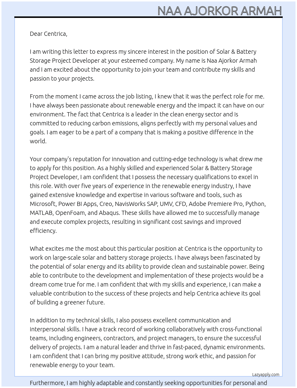 Solar & Battery Storage Project Developer At Centrica Cover Letter