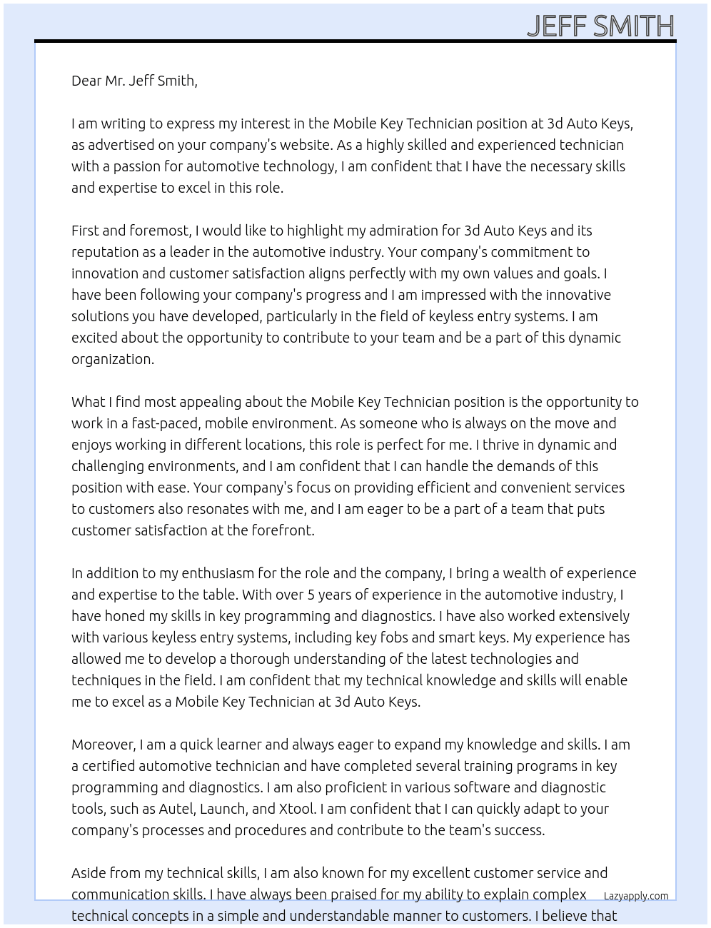 Mobile Key Technician At 3d auto Keys Cover Letter