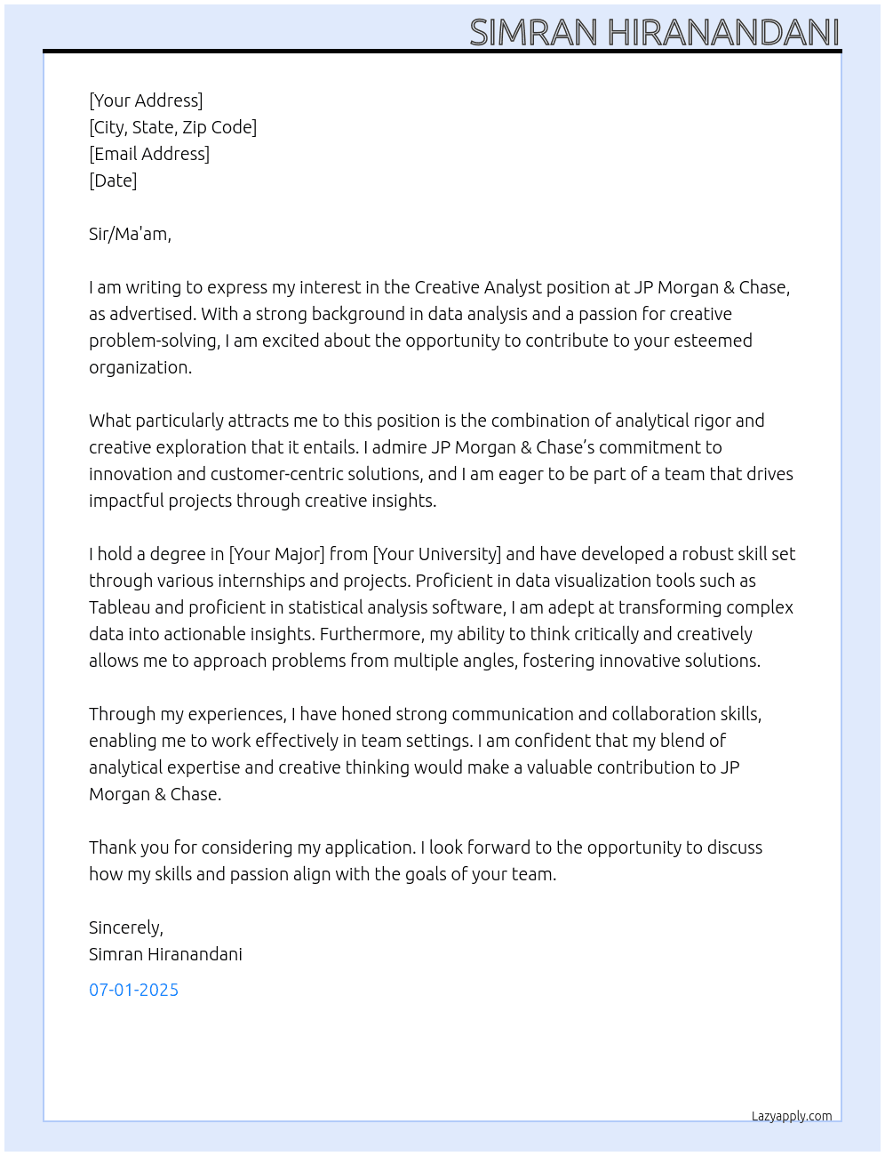 Cover letter for creative analyst - LazyApply